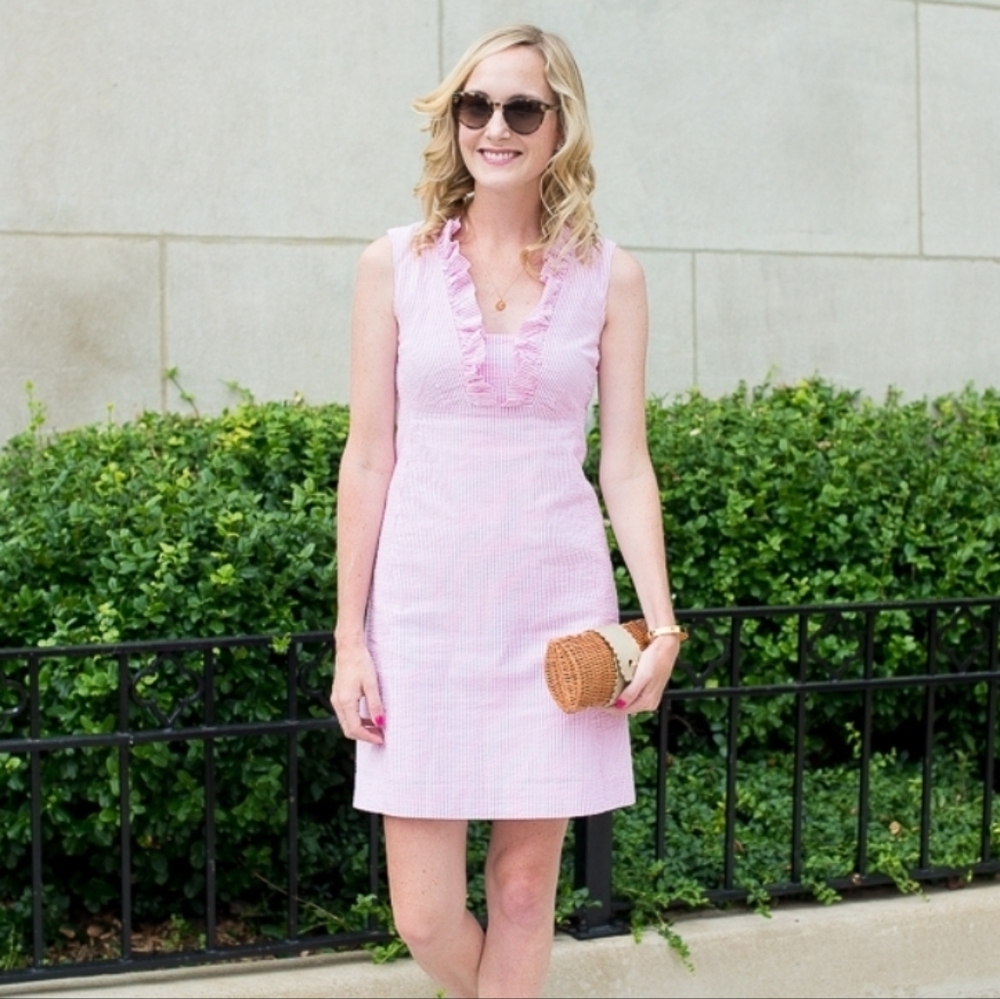 Sleeveless Pink Ruffle V-Neck Shift Dress